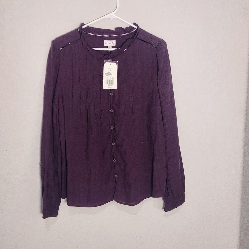Wonderly Womens Medium Purple Button Front Blouse Long Sleeve NWT Boho Top